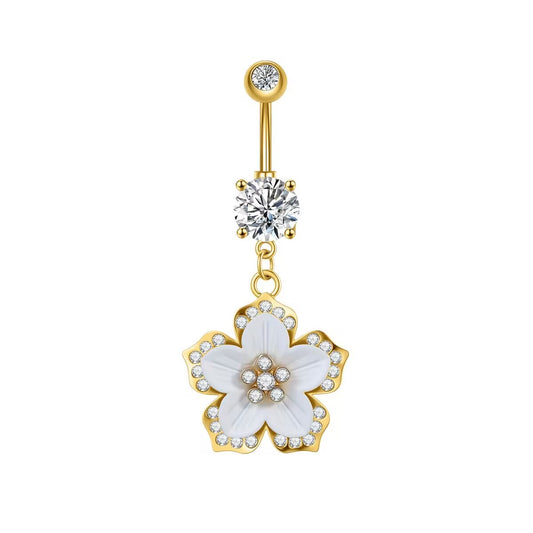 Front view of a gold-plated navel ring featuring a white flower dangle with crystal accents.