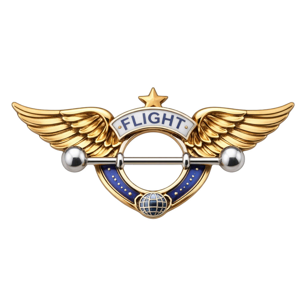 Front view of a golden wings nipple shield with a blue globe and FLIGHT banner.