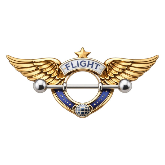Front view of a golden wings nipple shield with a blue globe and FLIGHT banner.