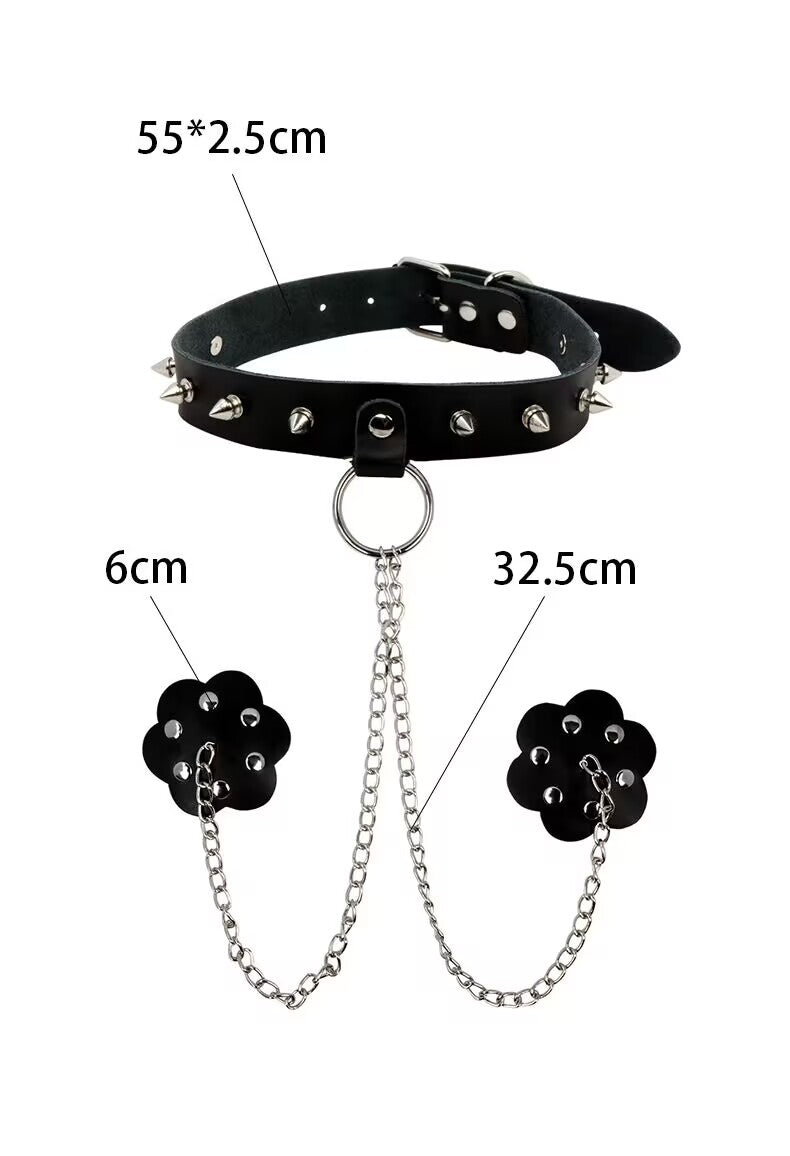 Detailed layout showing the specific measurements of the spiked gothic choker, 32.5cm dual connecting chains, and 6cm flower-shaped accents for sizing verification.