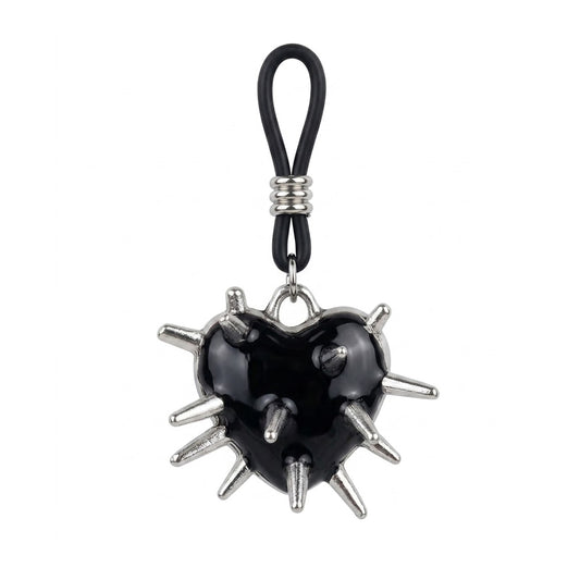 Close-up of a single spiky black heart nipple jewelry piece featuring a non-piercing adjustable slider.