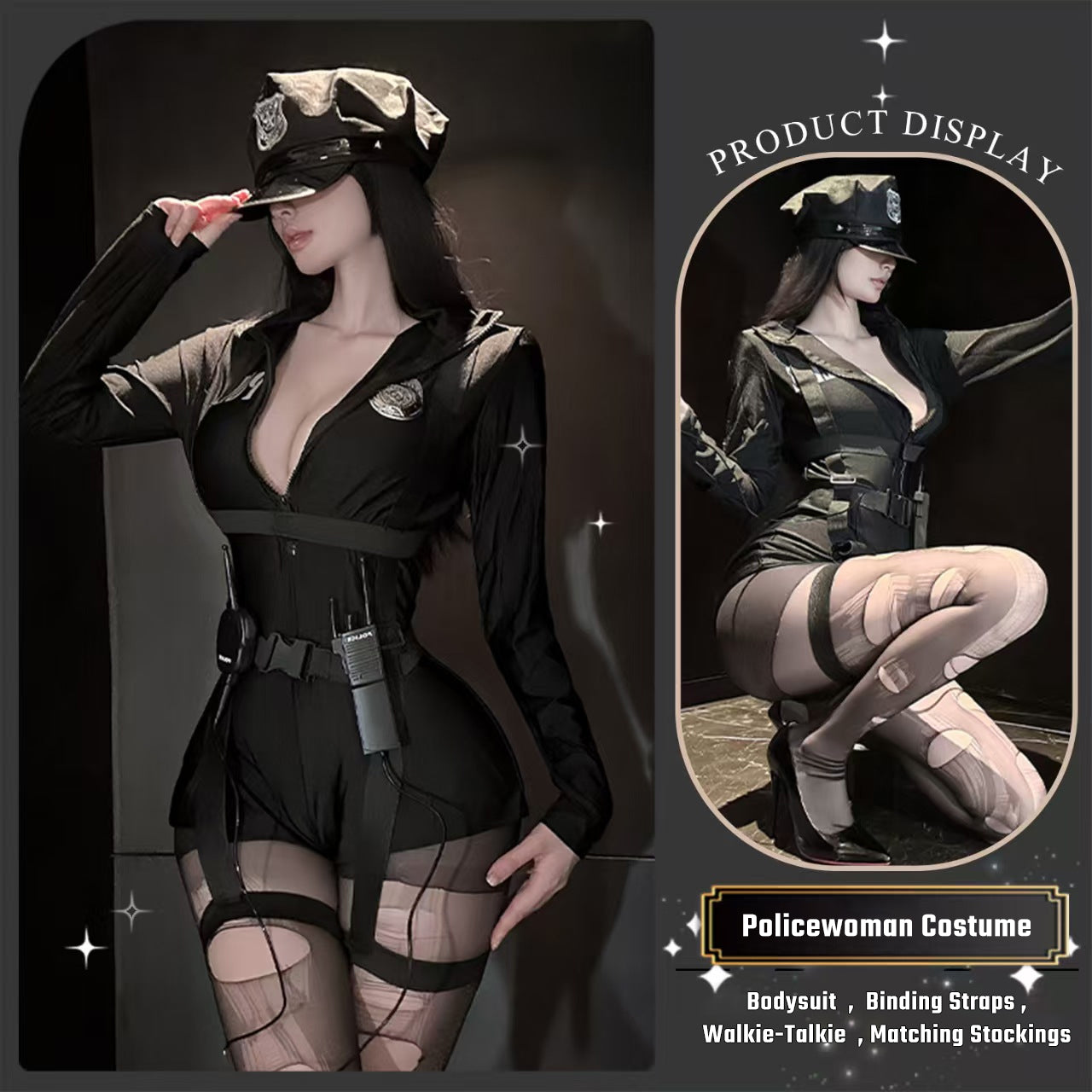 4-piece goth style cop costume display featuring a black bodysuit, tactical belt, and distressed matching stockings.