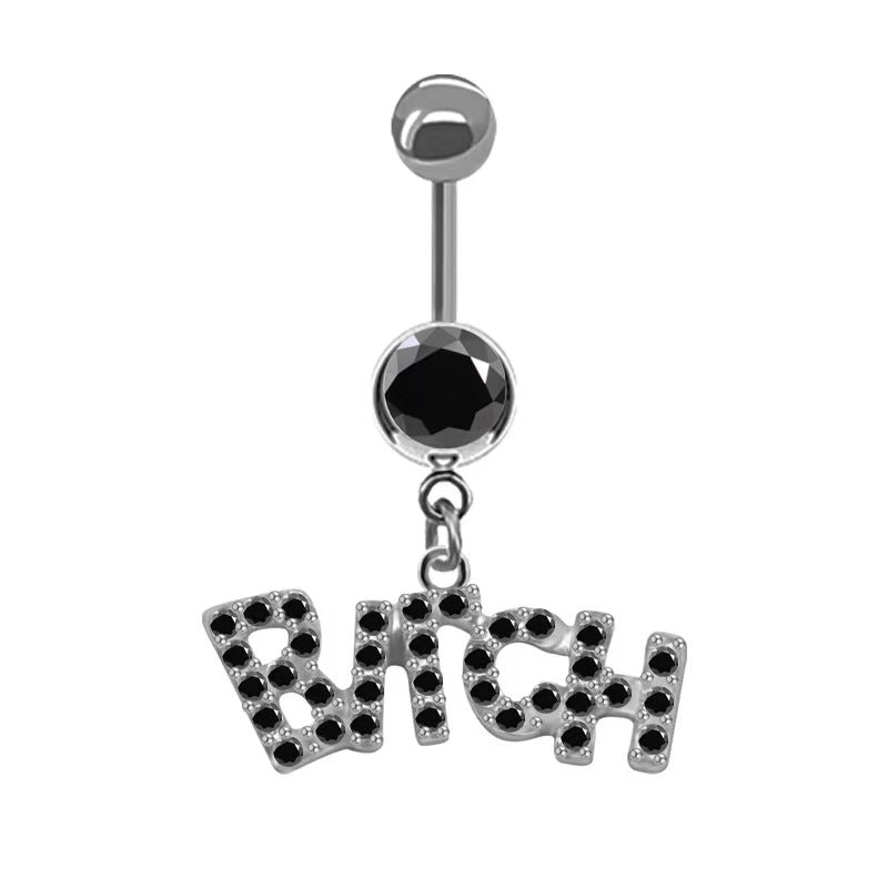 Gothic baddie style silver belly button ring with a dark black crystal and a dangling black rhinestone Bitch word charm.