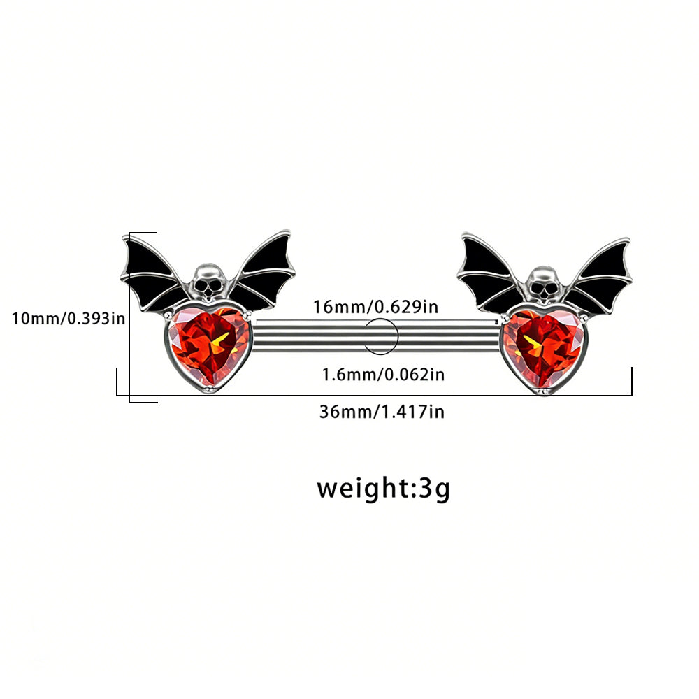 Detailed sizing chart diagram of the bat heart nipple barbell, showing measurements in millimeters and inches for total width, barbell length, gauge thickness, and design height. The diagram is overlayed on the product image.
