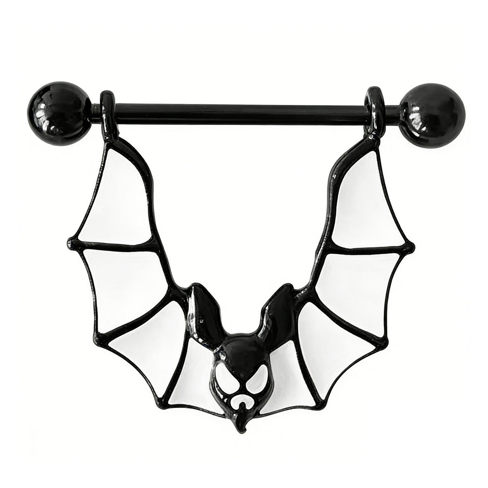 Close-up of a black and white bat nipple shield barbell on a white background.
