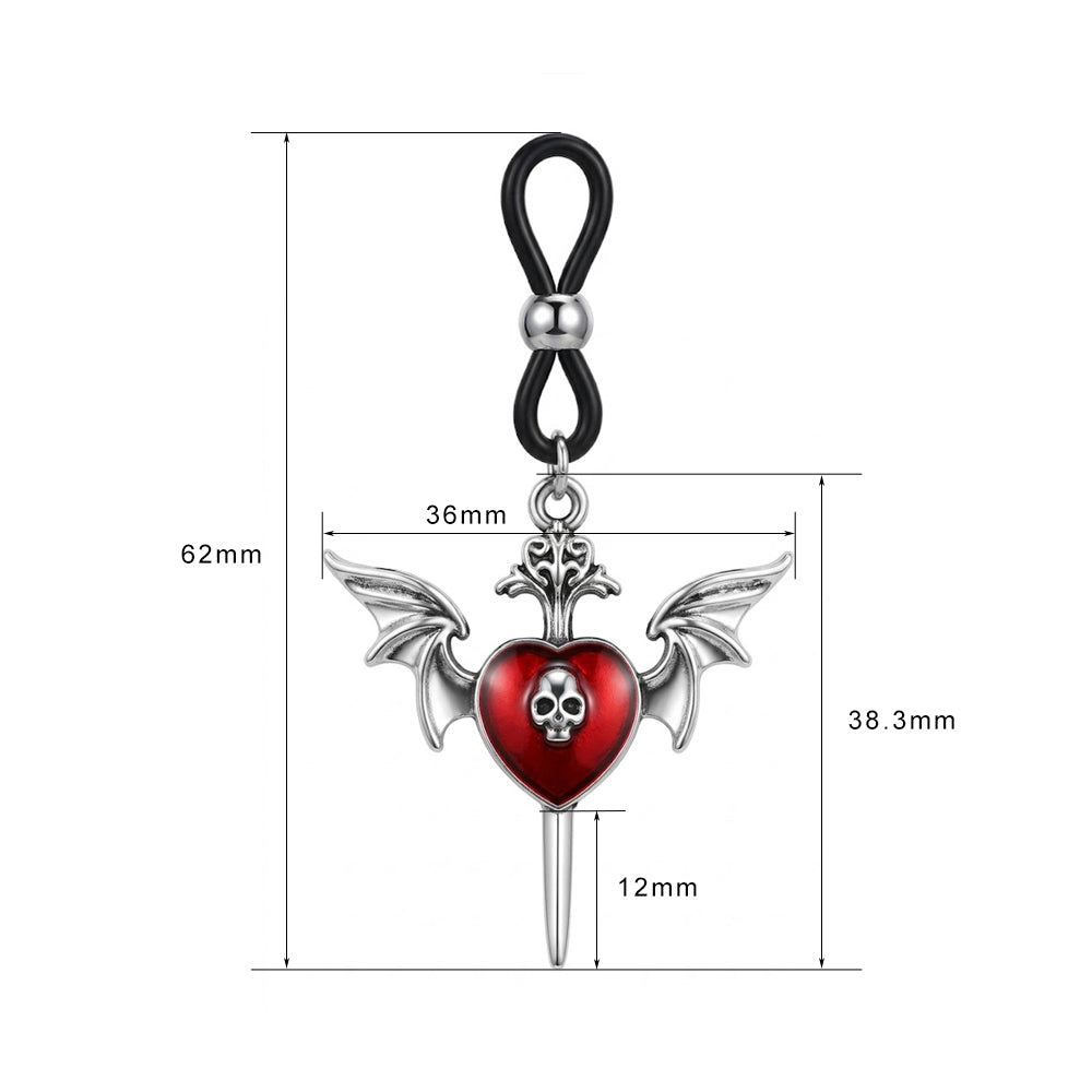 Dimension diagram for the gothic bat wing heart and skull non-piercing nipple ring, showing 62mm total height and 36mm width.