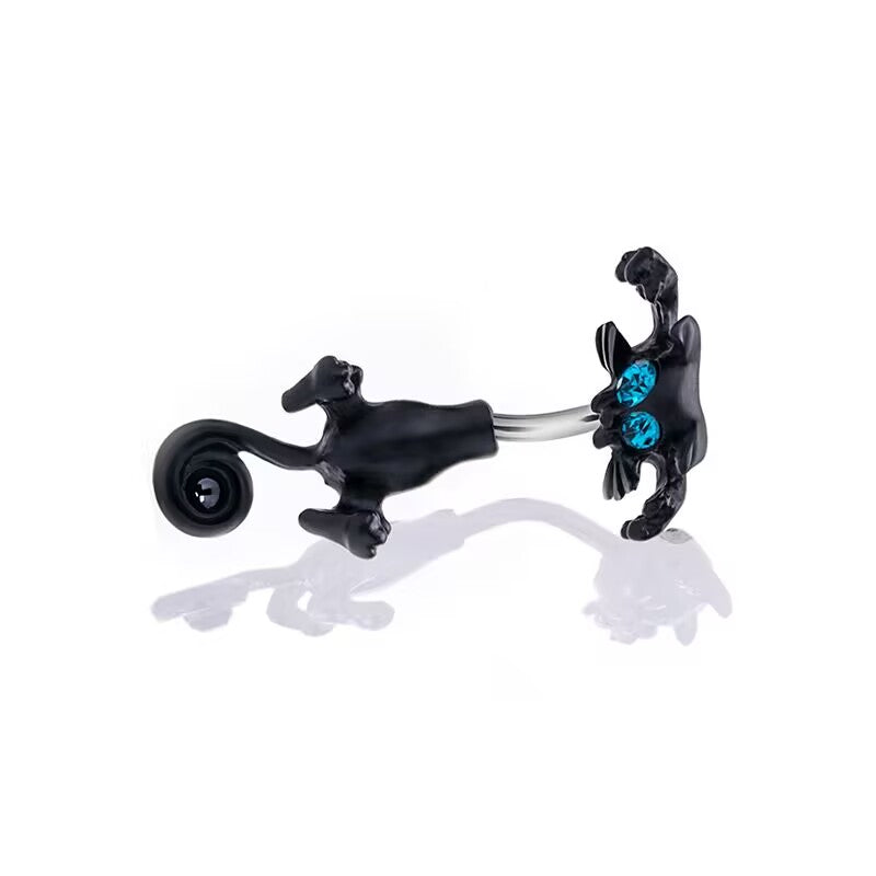 Side angle view of a black cat navel barbell showing the curved post design.