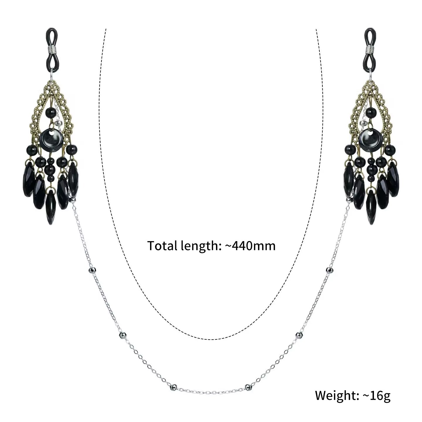 Gothic black crystal tassel body chain with silver finish and adjustable rubber loop connectors for non pierced wearing.
