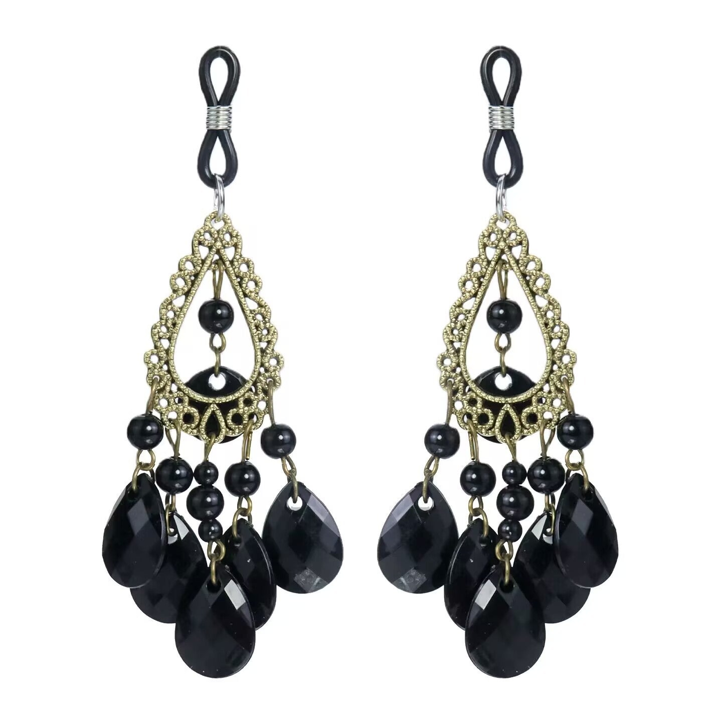 Pair of vintage gothic non-pierced nipple jewelry featuring adjustable rubber loops and black crystal teardrop dangles.