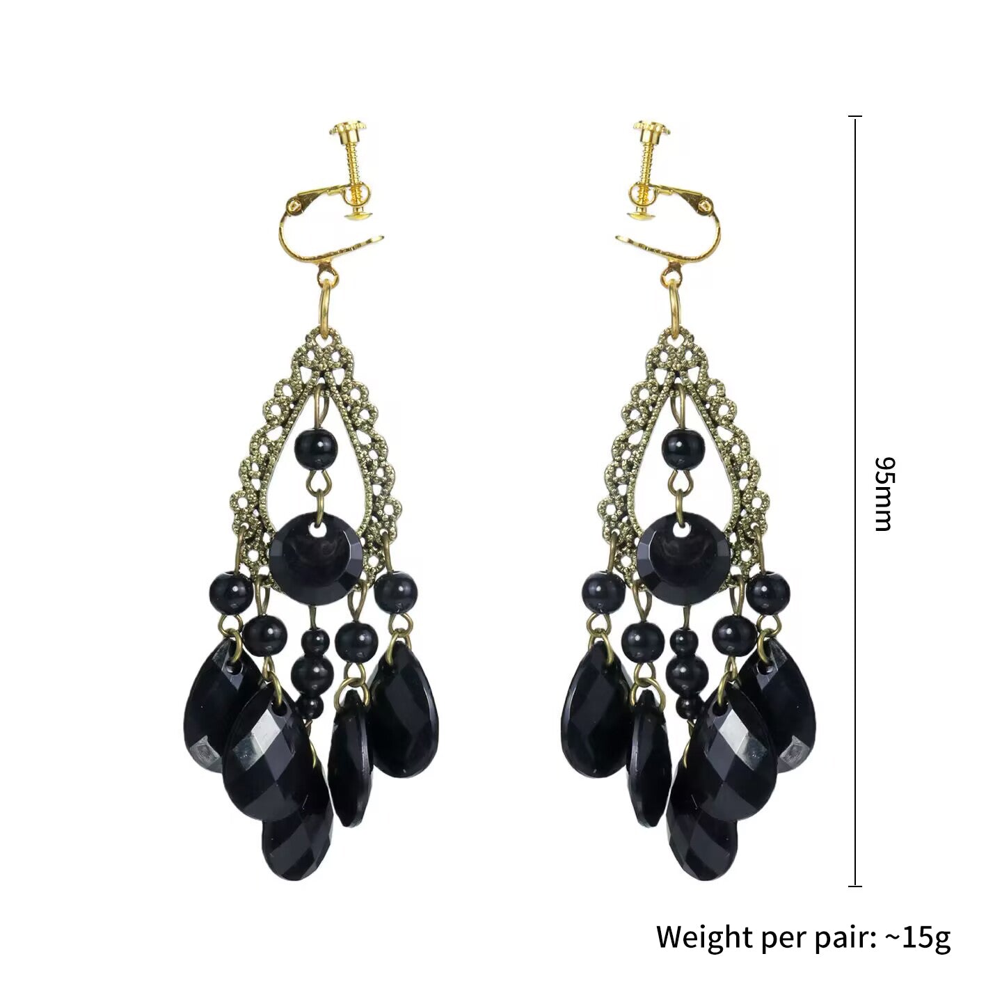 Gothic vintage screw-back clip-on dangle earrings with black crystal teardrops measuring 95mm.