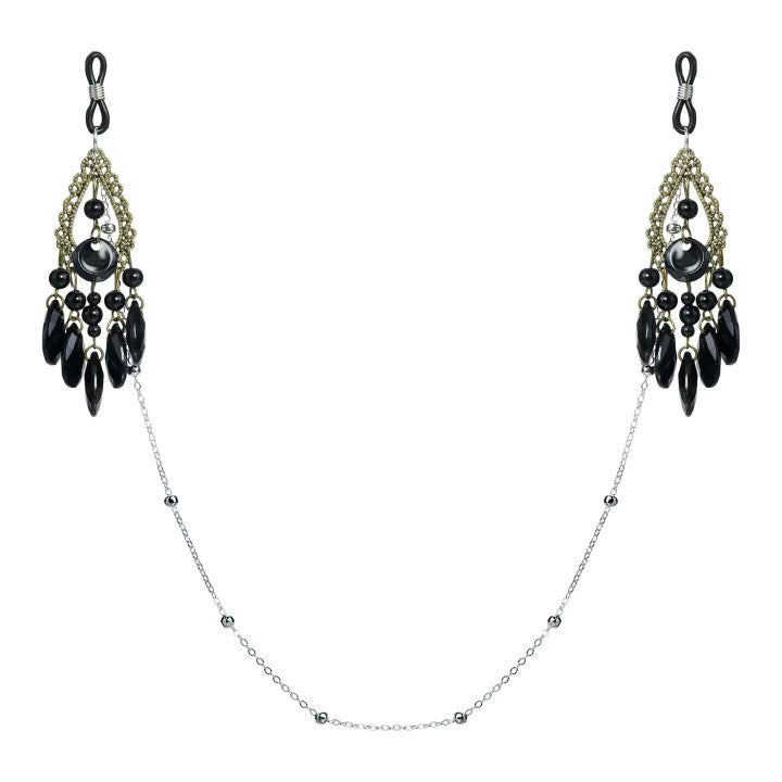 A pair of gothic-style non-pierced nipple chains featuring elaborate antique-gold filigree pendants adorned with dangling black crystal beads and faceted gems, connected by a delicate silver-colored chain with decorative stations.