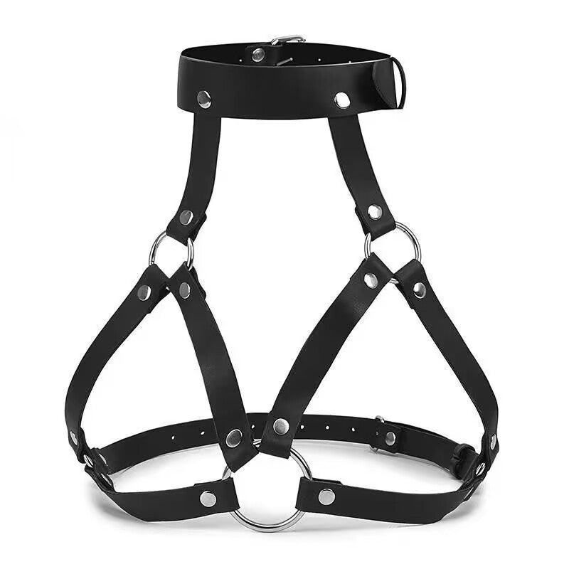 Standalone black PU leather chest harness with silver metal O-rings and adjustable buckle straps.