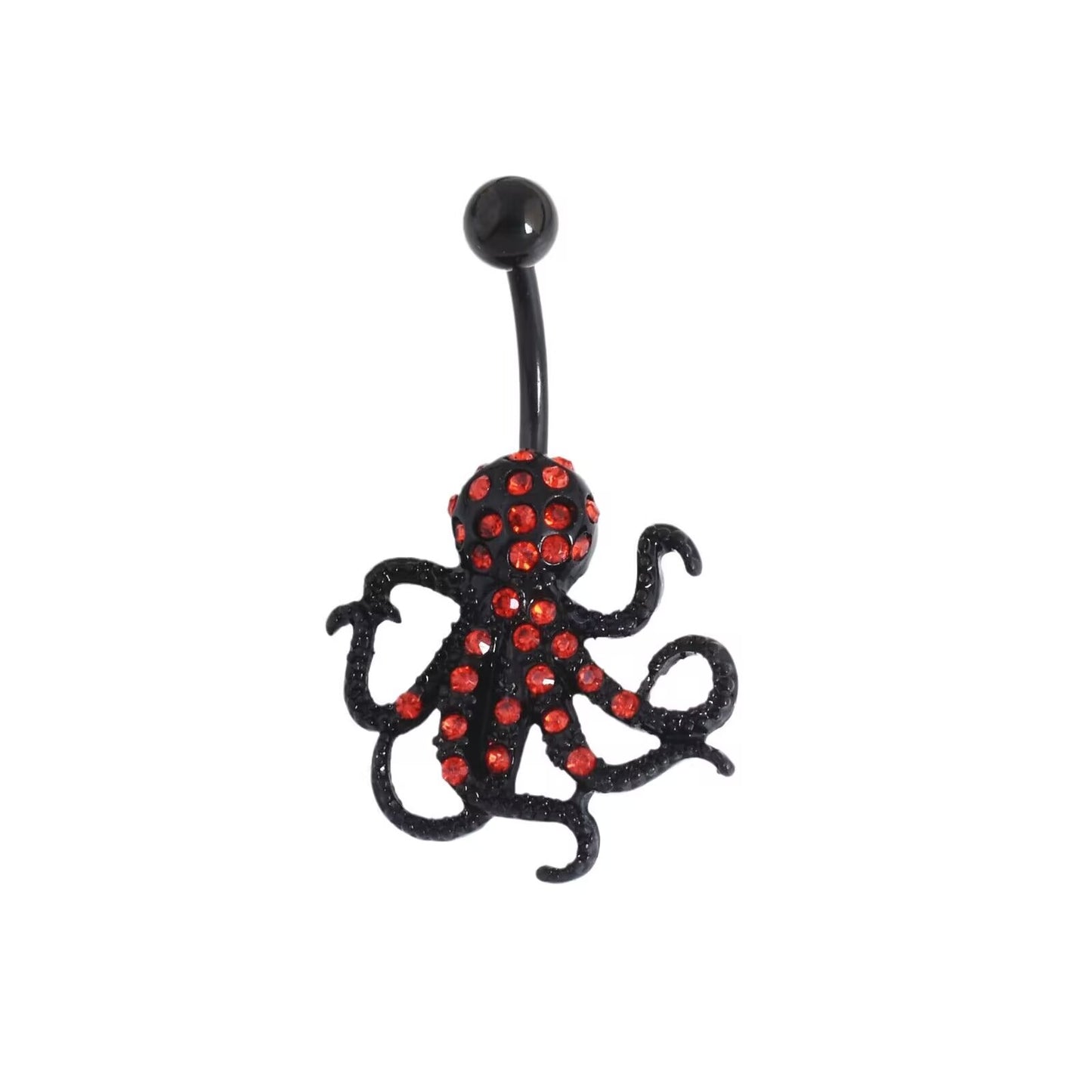 A gothic black octopus belly button ring featuring vibrant red rhinestones paved on the kraken body with a 14G curved barbell.