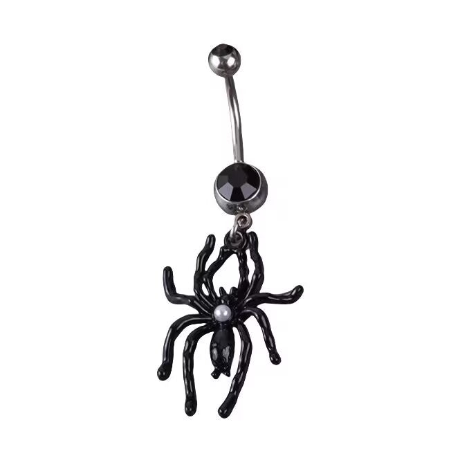 Black enamel spider belly button ring with a dangling pearl and jet black crystal center stone, Gothic body jewelry.