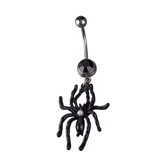 Black enamel spider belly button ring with a dangling pearl and jet black crystal center stone, Gothic body jewelry.
