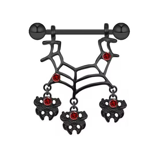 Gothic black spider web nipple shield featuring red crystal studs and three dangling spider charms against a white background.
