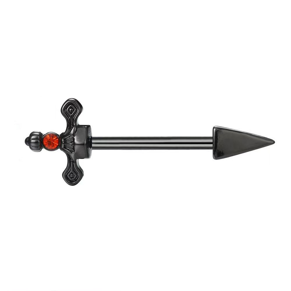 Detailed view of a single 14G black sword nipple ring featuring a gothic dagger hilt with a red gemstone and a spike tip on a pure white background.