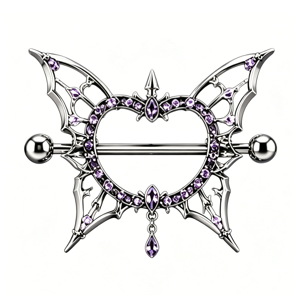 Front view of a gothic butterfly heart nipple shield piercing ring with purple cubic zirconia crystals and a hanging teardrop charm on a plain white background.