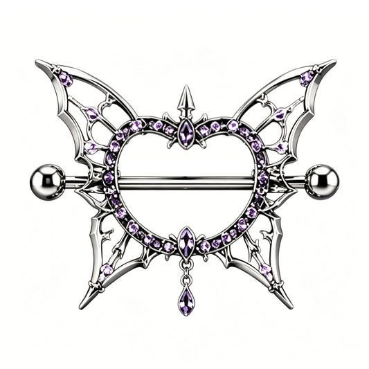 Front view of a gothic butterfly heart nipple shield piercing ring with purple cubic zirconia crystals and a hanging teardrop charm on a plain white background.