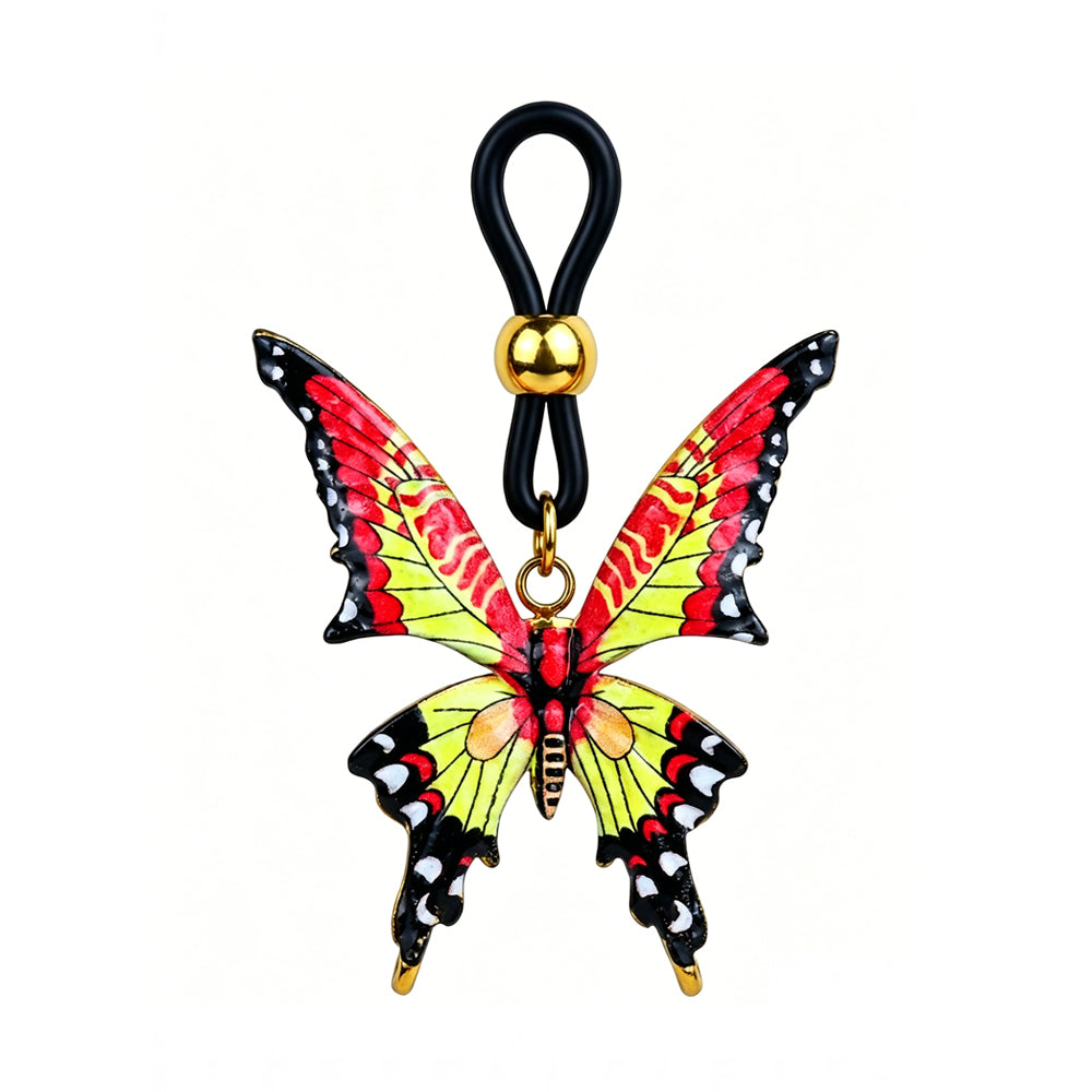 Gothic butterfly non-piercing nipple clamp featuring vibrant red and yellow enamel wings on an adjustable body-safe black silicone loop with a gold slider bead, isolated on a professional clean white background.