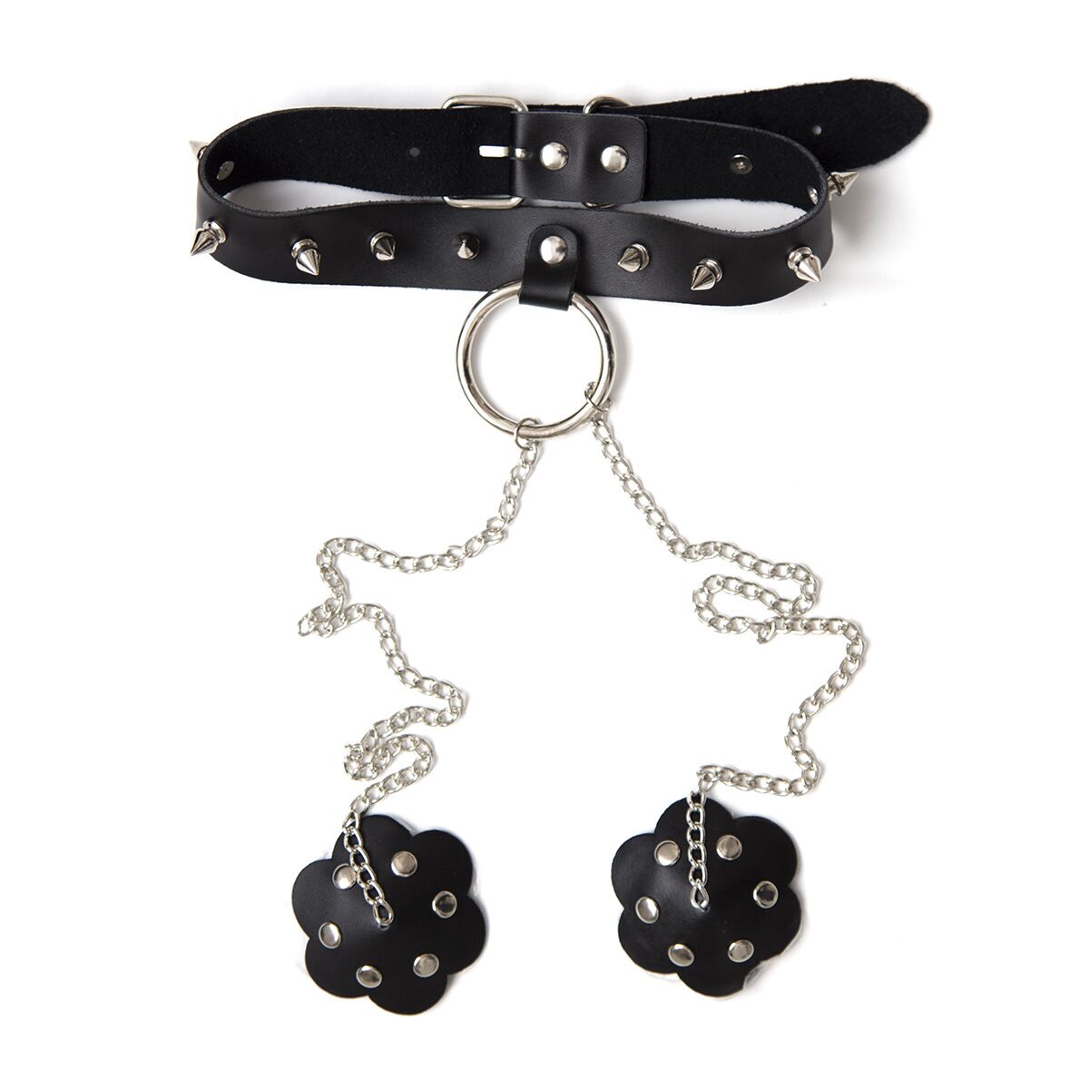 Close-up of the adjustable strap buckle closure on the spiked gothic choker with the interconnected aesthetic body chains displayed flat.