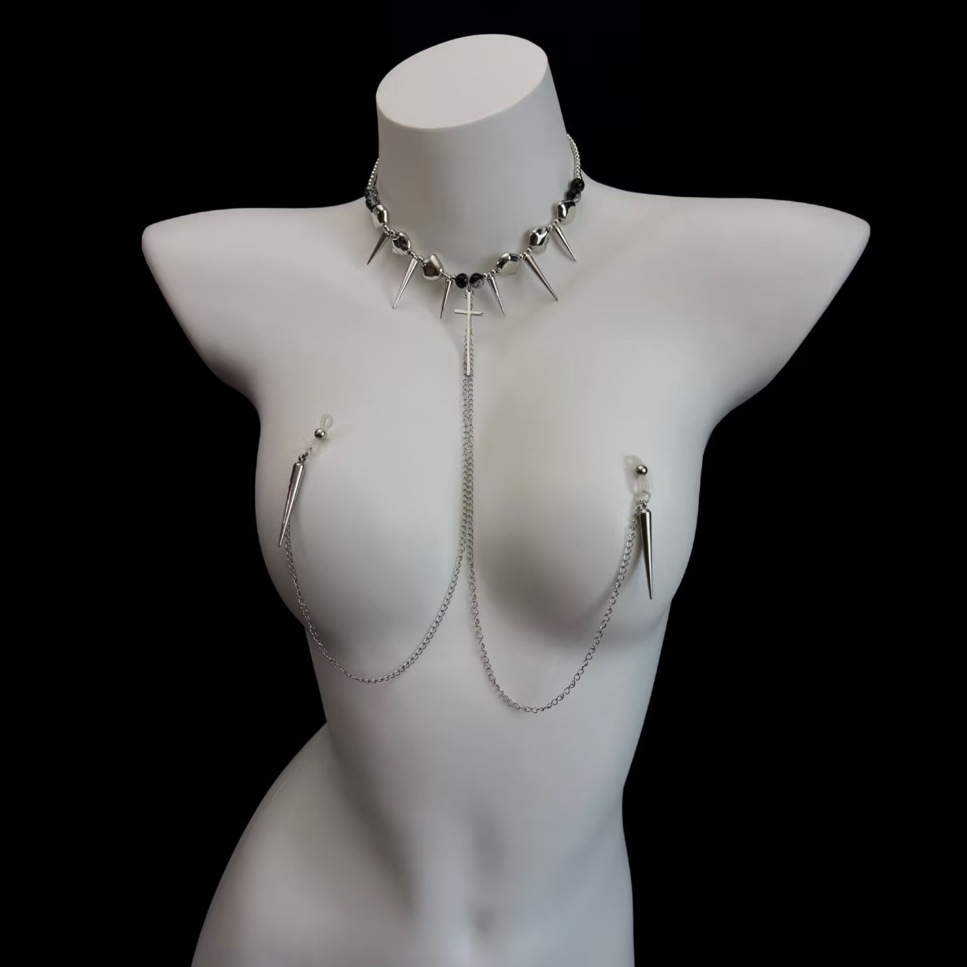 Metallic gothic choker necklace connected with chains to clear silicone loop ends for body piercing attachments.