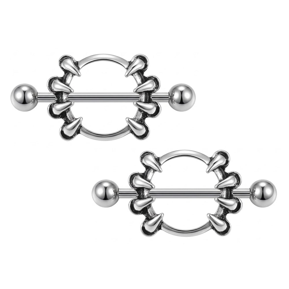A pair of identical silver-toned metal Gothic claw nipple shield barbells displayed together on a white background, suitable for a complete set.