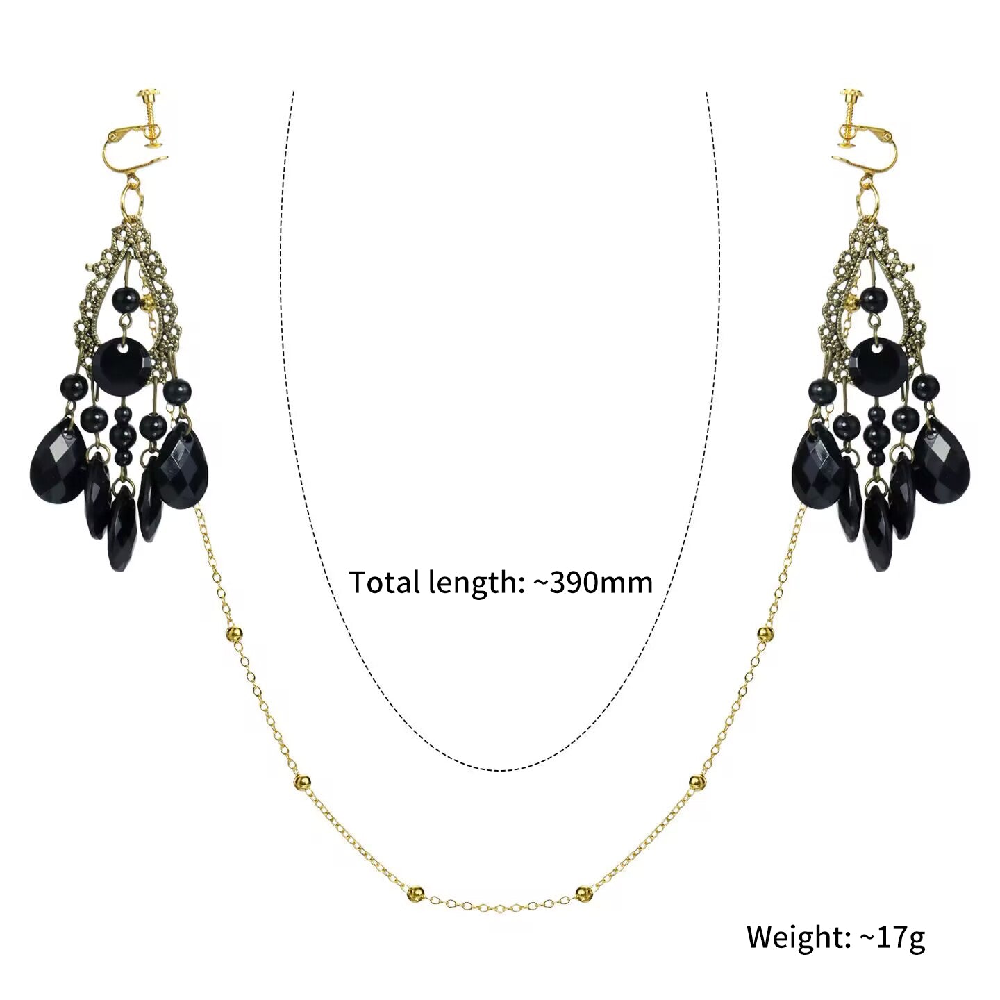 Gothic clip on screw clamp body chain with antique gold metal frame and black glass bead fringes.