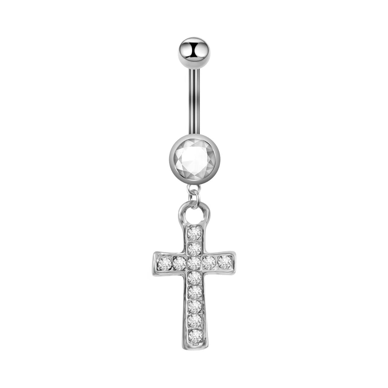 Front view of a silver gothic cross dangle belly button ring featuring clear crystals on a white background.
