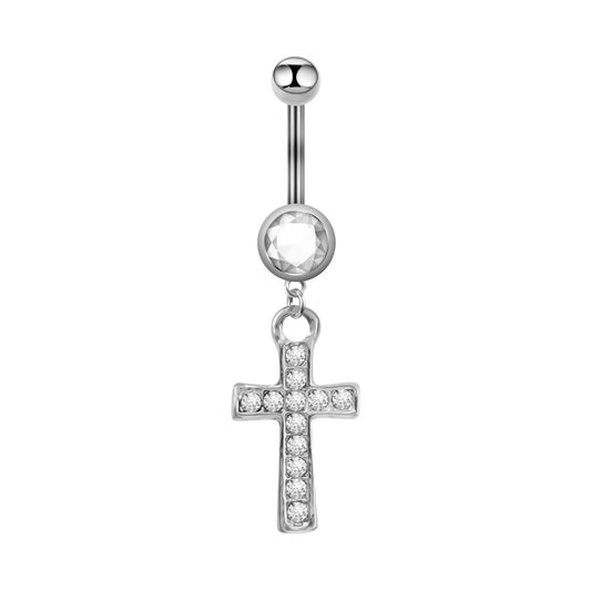 Front view of a silver gothic cross dangle belly button ring featuring clear crystals on a white background.