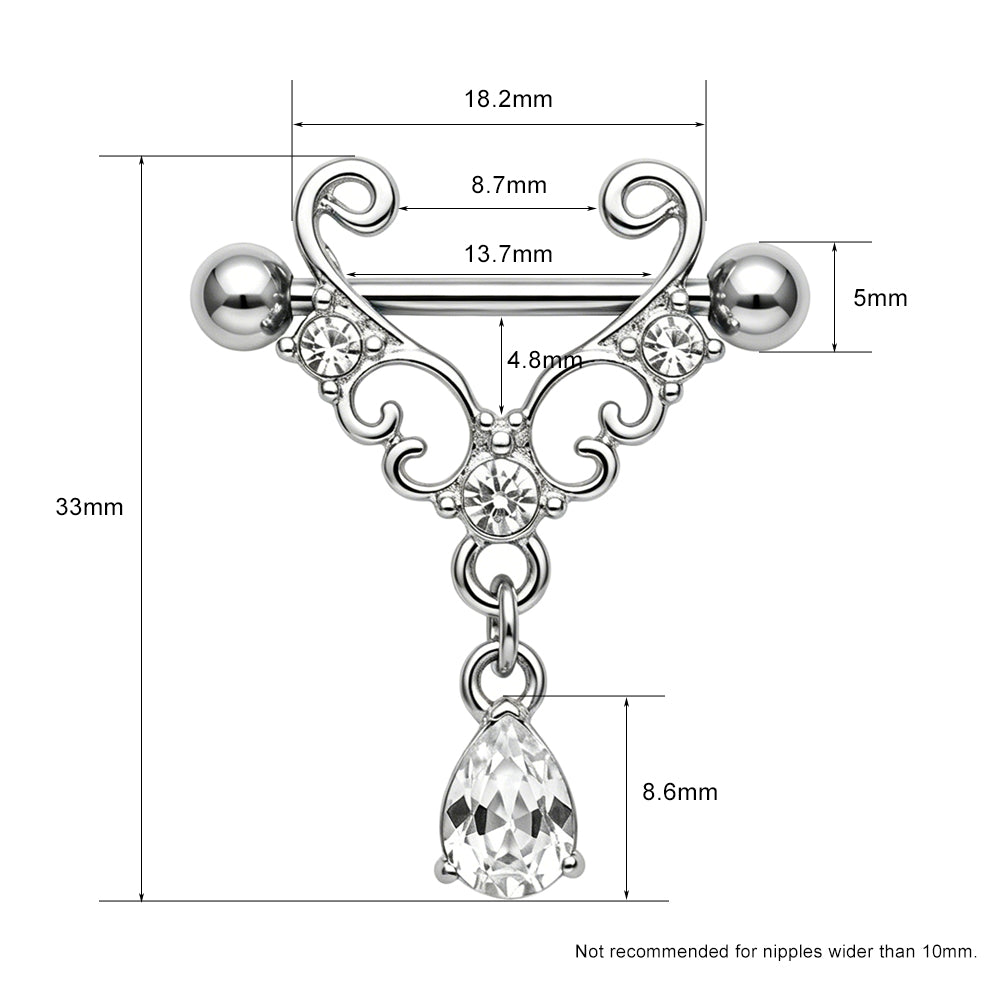 Detailed sizing diagram of the V-shape dangle nipple ring showing 33mm total height, 13.7mm bar length, and a 10mm fitment warning for alternative body jewelry.