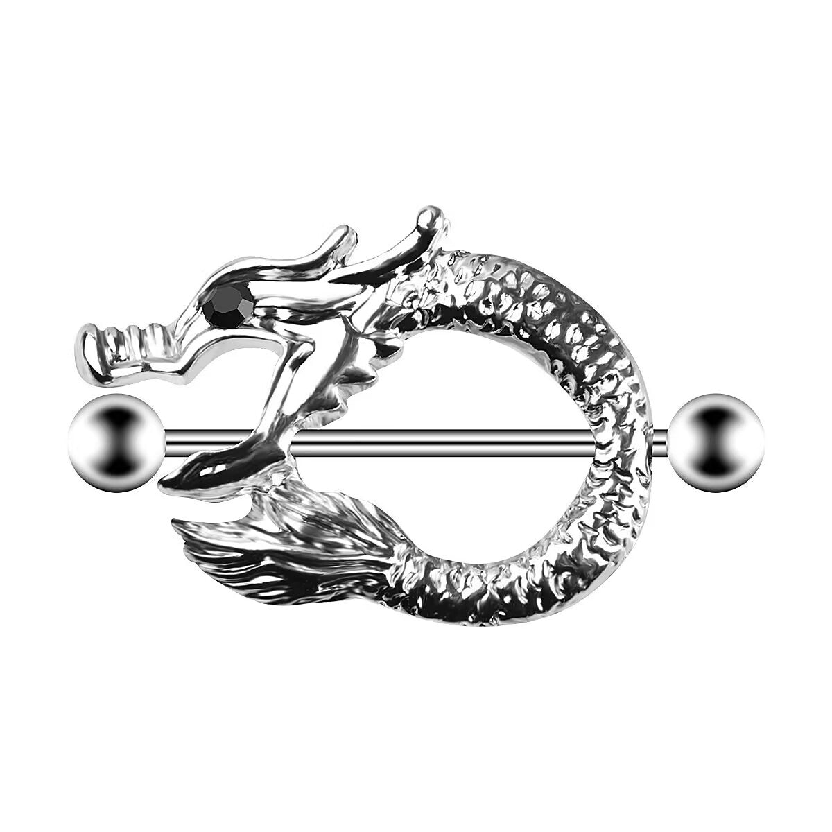 Detailed silver dragon nipple shield with a black stone eye on a white background