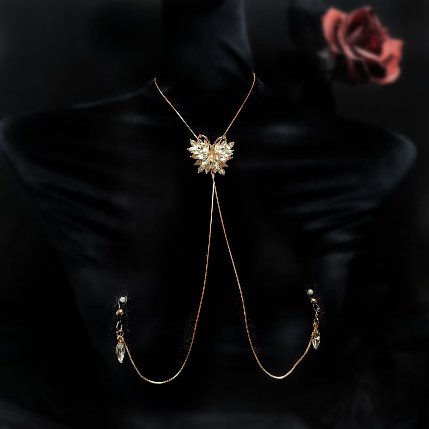 Front view of elegant non-pierced crystal butterfly nipple harness jewelry with teardrop crystal pendants