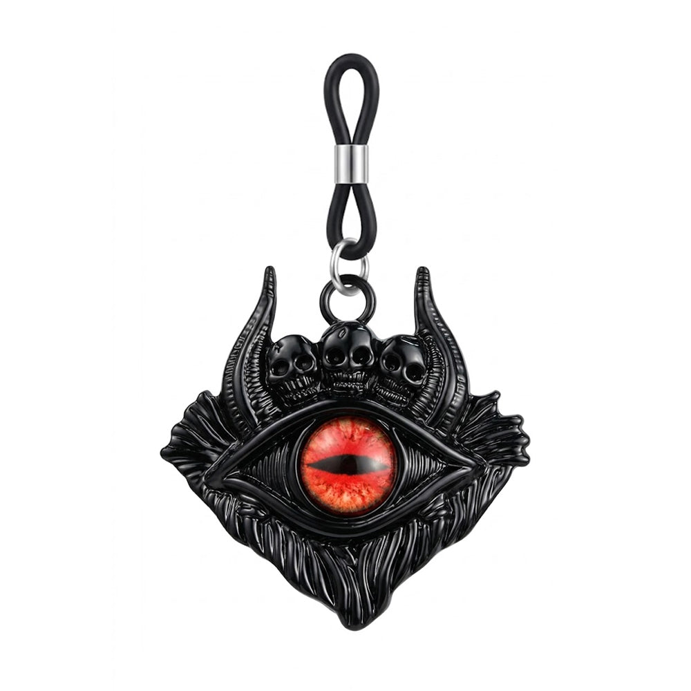A single black gothic non-piercing nipple ring featuring a red evil eye and skull design on a white background.
