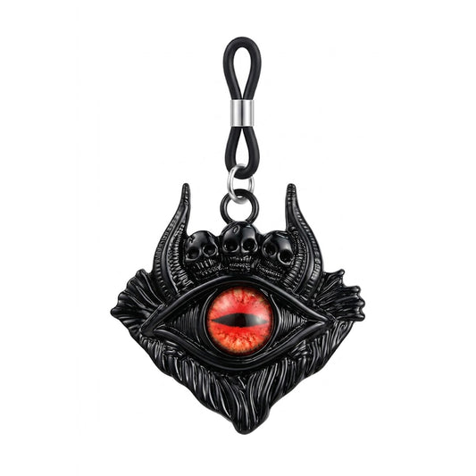 A single black gothic non-piercing nipple ring featuring a red evil eye and skull design on a white background.