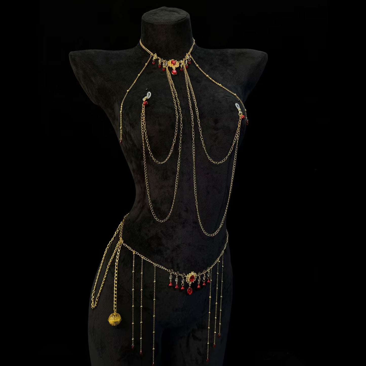 Vintage gold gothic body chain set with non-pierced invisible silicone loop clamps displayed on a black mannequin.
