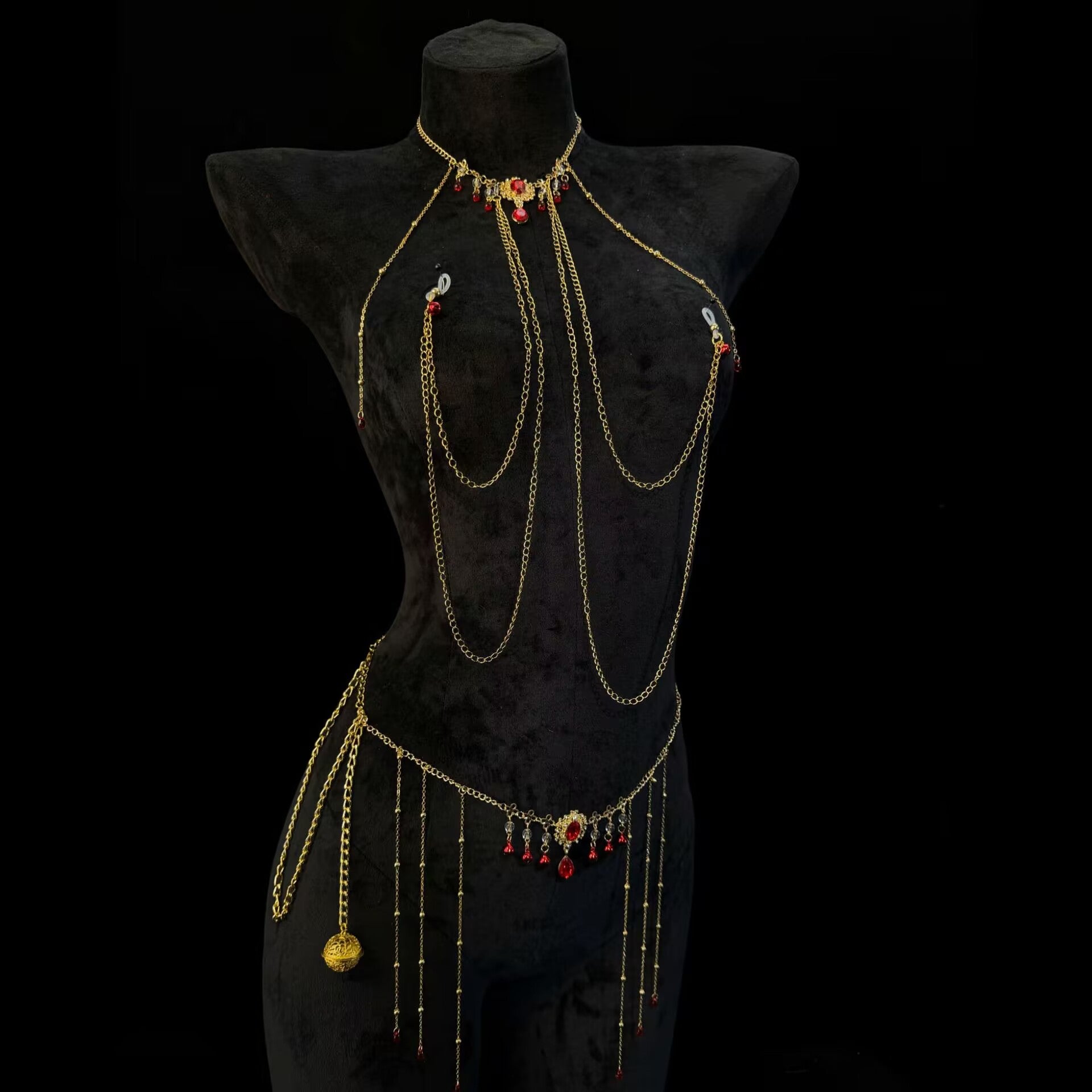 Vintage gold gothic body chain set with non-pierced invisible silicone loop clamps displayed on a black mannequin.