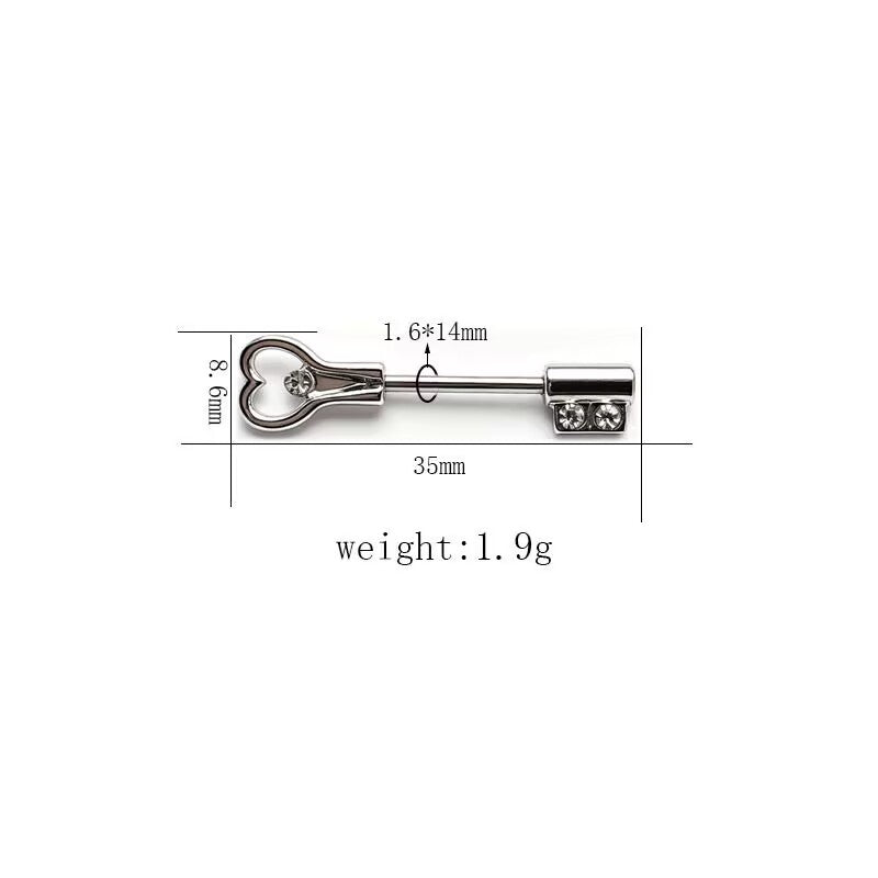 Heart key design nipple barbell body piercing jewelry product measurements.