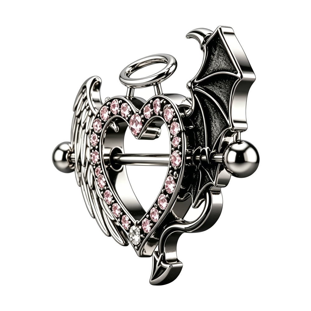 Perspective side view of the silver-tone angel and devil heart nipple shield, showcasing the 14G straight piercing barbell and the high-quality 3D metal craftsmanship.