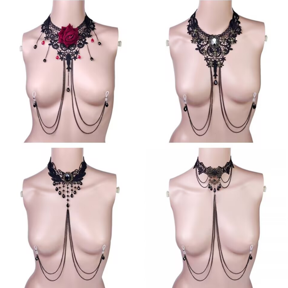 A collage of four different styles of black gothic lace choker body chains with non pierced nipple rings on mannequins.