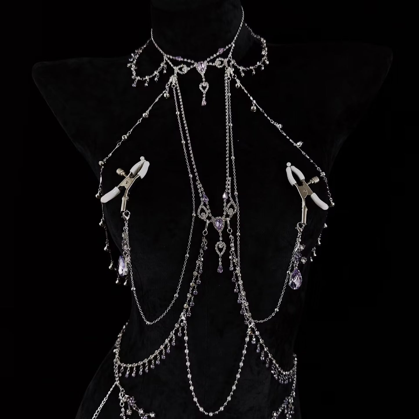 Amethyst Crystal Goth Body Chain Set - Detachable Nipple Clamps & Piercing Jewelry Lingerie Accents