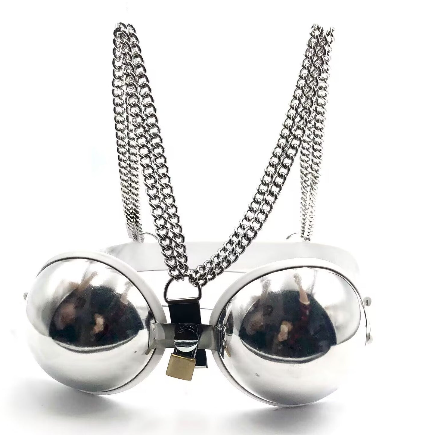 Lockable metal breast binder chastity harness top with white protective edging and industrial style layered chain neck straps on a pure white background.