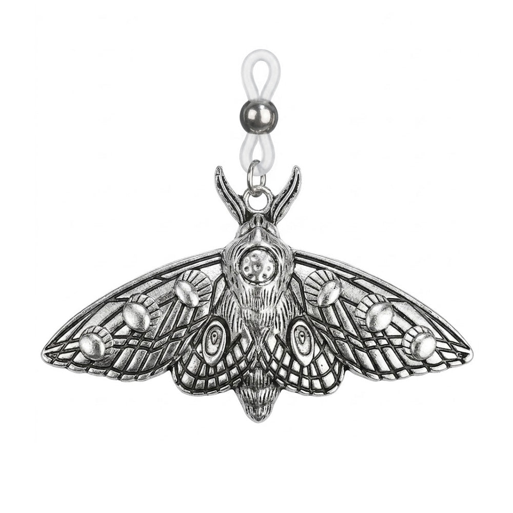 Single silver-tone gothic moth non-piercing nipple shield with adjustable silicone loop on white background.