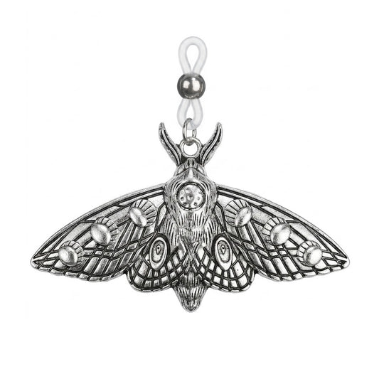 Single silver-tone gothic moth non-piercing nipple shield with adjustable silicone loop on white background.