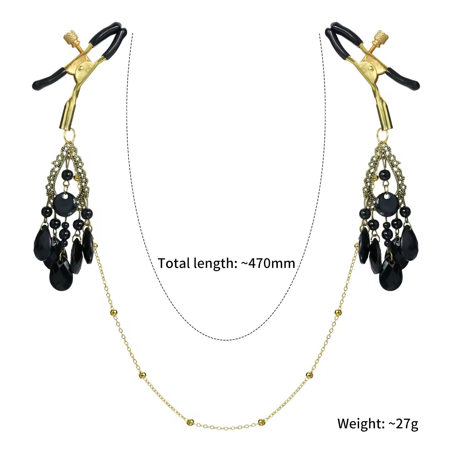 Gothic gold screw nipple clamp body chain adorned with dark crystal filigree pendants and long connector chain.
