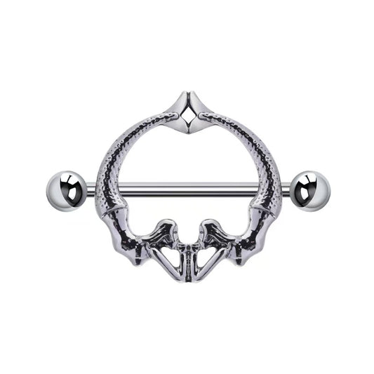 Front view of a silver-tone pelvis bone shaped nipple shield jewelry on a white background.