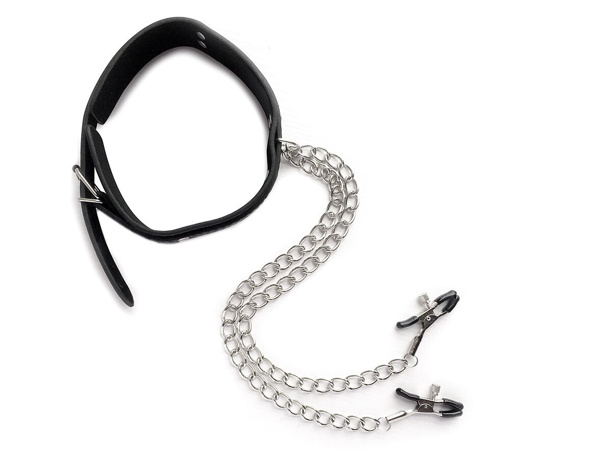 Top view of a black leather gothic choker collar connected to a double-strand silver metal chain with non-slip clamps.
