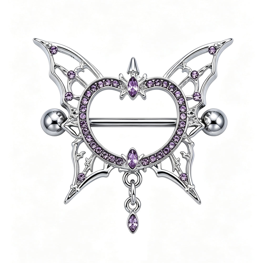 Purple crystal gothic heart butterfly nipple shield barbell set made with F136 titanium bar for body piercing