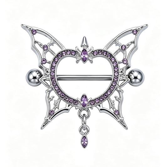 Purple crystal gothic heart butterfly nipple shield barbell set made with F136 titanium bar for body piercing