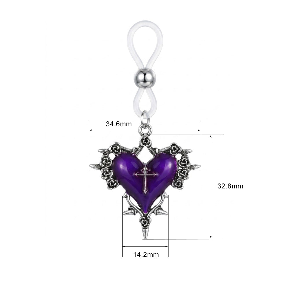 Non-piercing nipple ring with an adjustable silicone loop, featuring a gothic purple heart pendant adorned with a silver cross, retro roses, thorns, and spikes, with dimensions labeled.